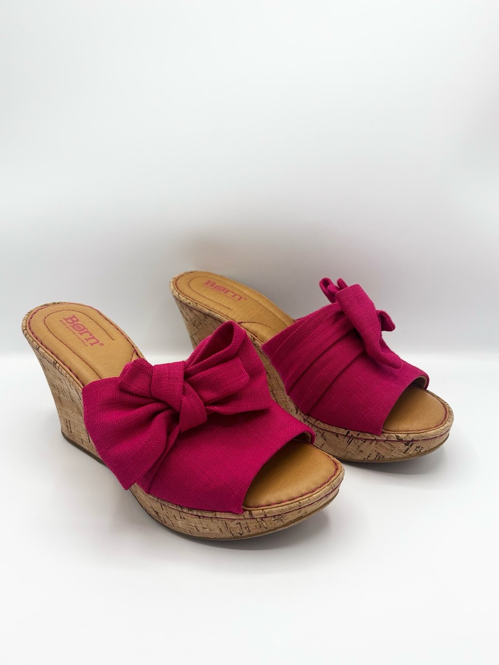 Born Cami Pink Bow Cork Wedge Platform Slide Sandals Size 9